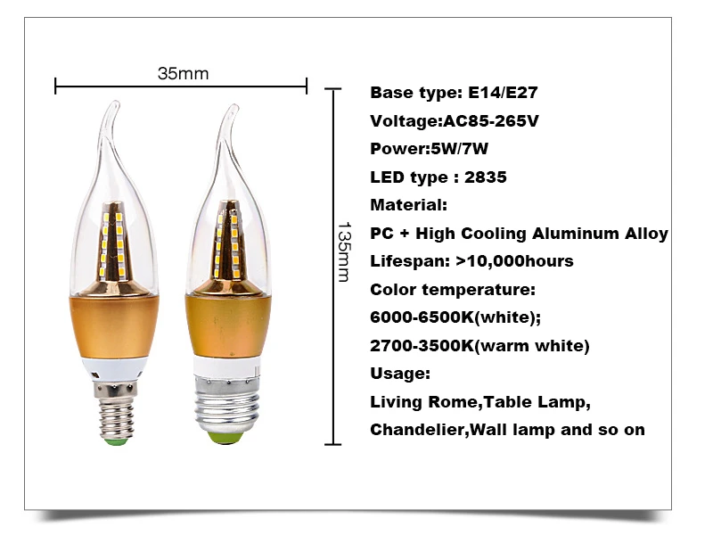 Золотого, серебряного цвета 5 w 7 w E14 E27 светодиодный свет свечи Алюминий основа светодиодный лампы AC85-265V светодиодный лампы Прохладный