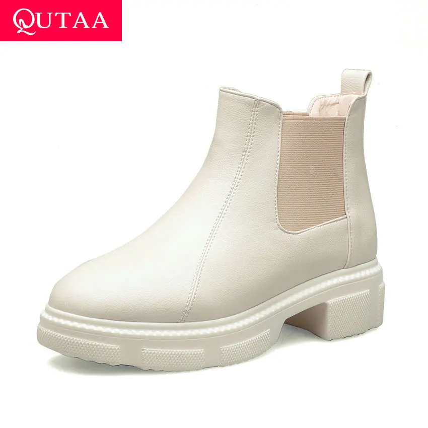 

QUTAA 2020 Fashion Square Middle Heel All Match Ankle Boots Round Toe Flock PU Leather Slip on Casual Women Shoes Size 34-39