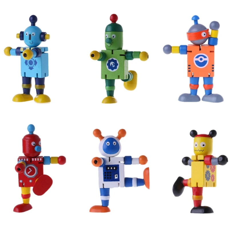 

New 6 Styles Cute Wooden Robot Block Toys Baby Action Figures Cute Model Toy