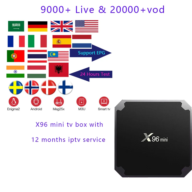 X96mini Amlogic S905W Android 7,1 Smart tv BOX с ip tv подпиской арабский Великобритания США Италия Французский Испания Швеция ip tv 9000+ live - Цвет: 12 months with tvbox