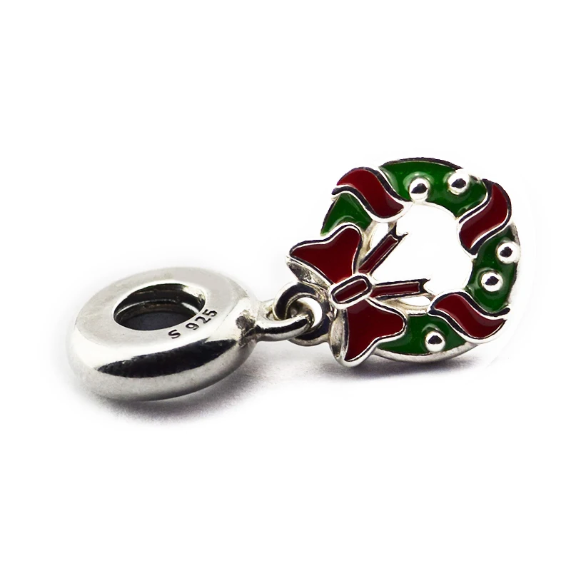 Подходит для Пандора шармы браслеты праздничный венок бусины с красной и зеленой эмалью стерлингового серебра 925-ювелирные изделия