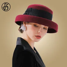 FS, фетровые женские шляпы с широкими полями, шерстяная фетровая шляпа с бантом, церковный колокол, Женская винтажная круглая Кепка-котелок винного, черного цвета