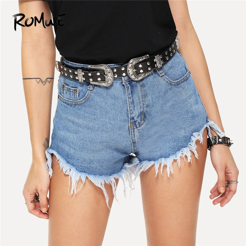

ROMWE Blue Solid Frayed Edge Denim Shorts Women 2019 Summer New Button Fly Streetwear Mid Waist Casual Plain Shorts