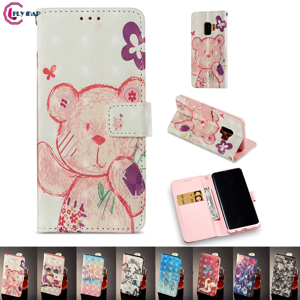 Cute Bear Case for Samsung Galaxy S9 S 9 G960 G960F G960F/DS SM-G960F SM-G960F/DS Cartoon Owl Butterfly PU Phone Leather Cover