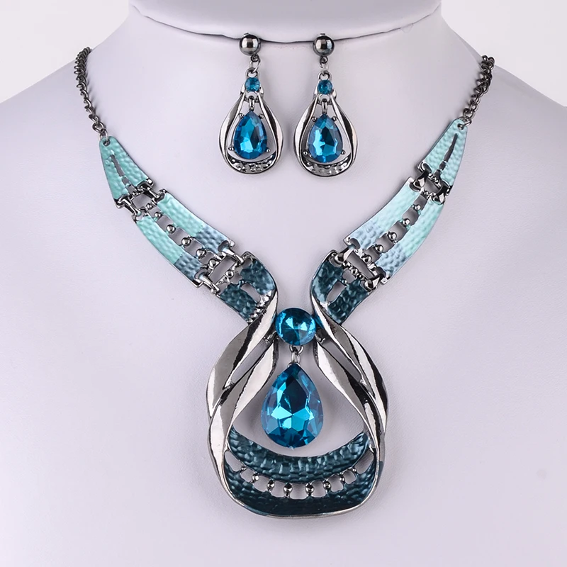 Austrian Crystal Jewelry Sets Fashion Blue Choker Collar Necklace dangle earring Jewellery Silver Plated Bridal Wedding Jewelry