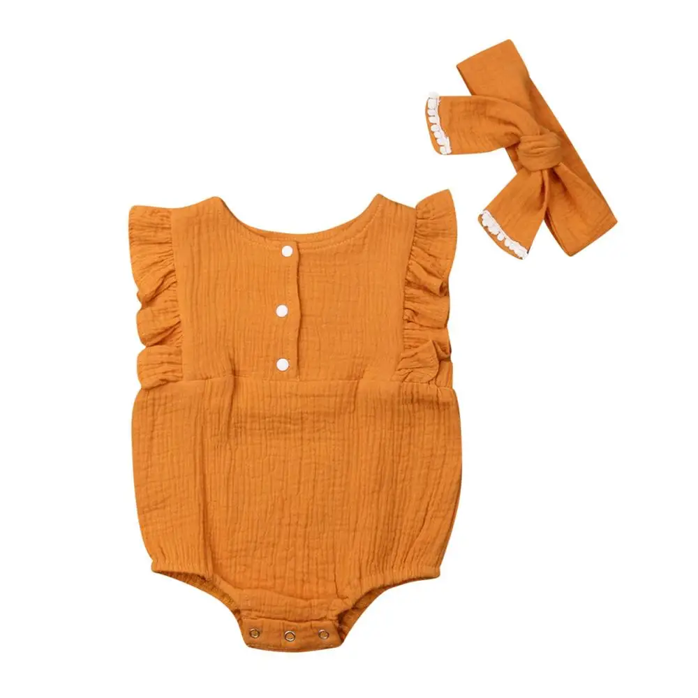 

0-24M Casual Summer Infant Baby Girls Outfits Ruffle Button O-Neck Romper Bow Headband 2Pcs Baby Girl Cotton Clothes Solid Sets