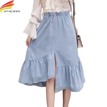 Большие размеры джинсовые юбки женские Осенние Последние Асимметричные высокая эластичная талия джинсы юбка низ оборки линия faldas mujer