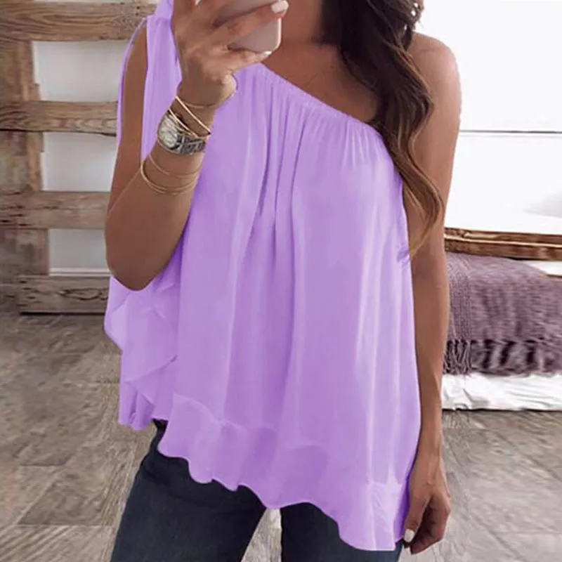Fanbety Women Sexy One Hand Sleeve Chiffon Blouses 2019 Summer Elegant Skew Collar Bow Tie blusa Lady Off Shoulder beach tops Fanbety Women Sexy One Hand Sleeve Chiffon Blouses 2019 Summer Elegant Skew Collar Bow Tie blusa Lady Off Shoulder beach tops