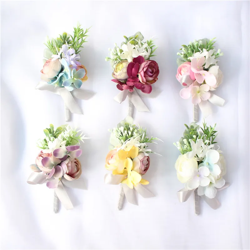 

YO CHO Silk Roses Wedding Wrist Corsages Boutonnieres Flowers White Bridal Hand Flowers Groom Button Decor Man Marriage Supplies