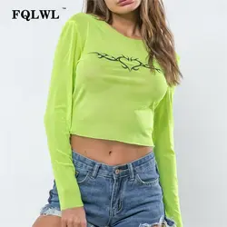 FQLWL флуоресцентный зеленый Сексуальная футболка для женщин прозрачный длинный рукав укороченный топ Сетчатая футболка Женская Harajuku Bodycon