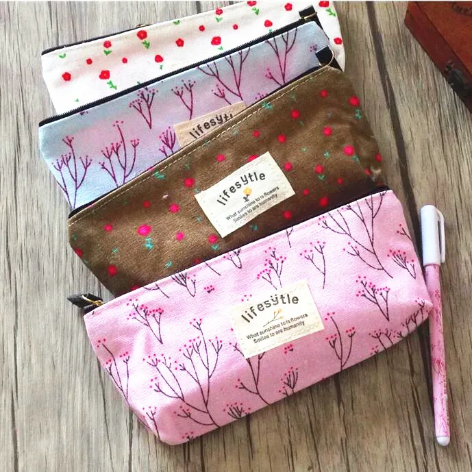 

1pcs/lot Vintage Kawaii Floral Flowers Canvas Zipper Pencil Cases Lovely Fabric Flower Tree Pen Bags School Supplies