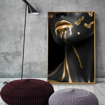 

Beautiful Golden Black Lady Golden Canvas Painting Fashion Poster Print For Living Room HD Wall Art Ins Home Cuadros Decoracion