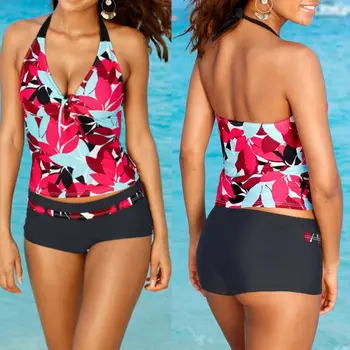 

Women Tankini Sets Sporty With Shorts Bikini Floral Print Swimsuit Bandage Closed Bathing Suit Push Up Swimwear