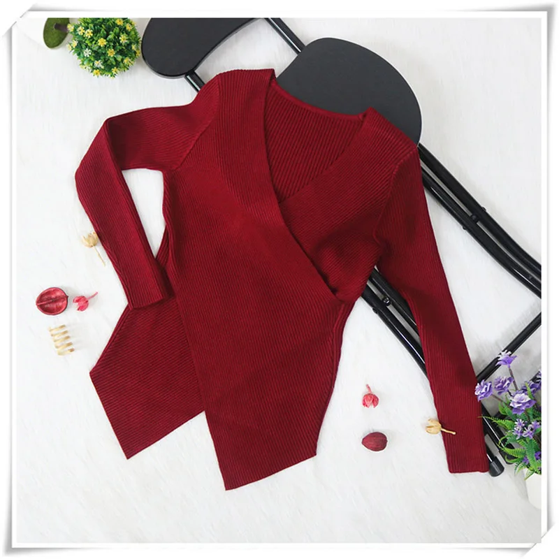 Off-the-shoulder V-neck 6-color sweater women's 2019 stitching cross long-sleeved knit pullover sexy winter knit sweater