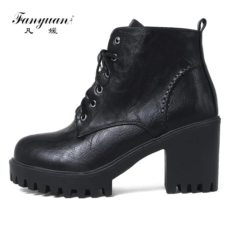 Goedkoop Fanyuan Mode Lente Herfst Platform Enkellaarsjes Vrouwen Lace Up Dikke Hak Martin Laarzen Dames Werknemer Laarzen Zwart Maat 33 44