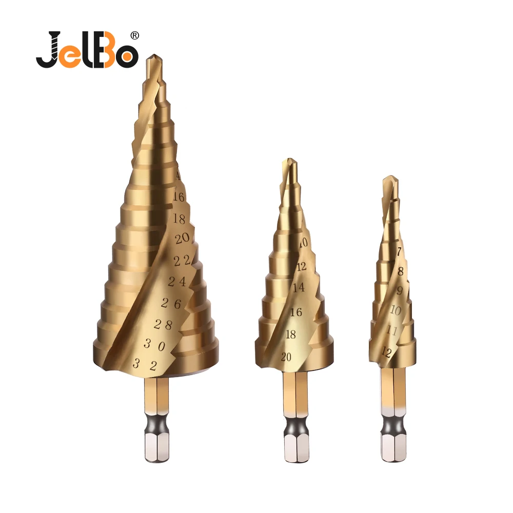 

JelBo 3PCS 4-12 4-20 4-32mm Step Drill Bit Hex Handle Mini Drill Bit HSS Titanium Coated Wood Metal Drilling Tool