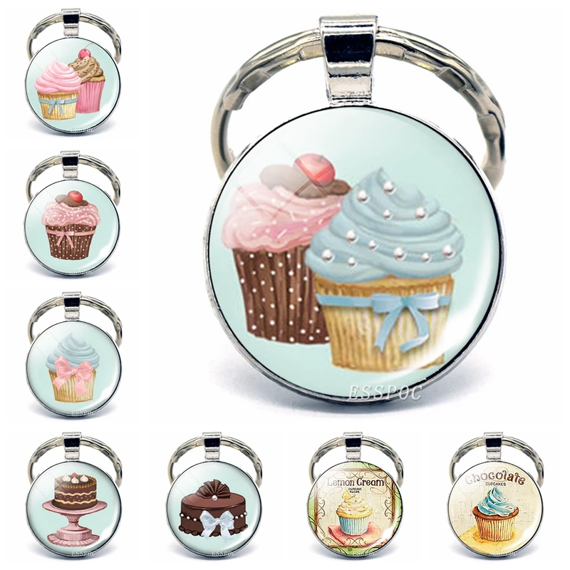 

Cake Cup Keychain Cute Dessert Glass Cabochon Pendant Metal Keyring Handmade Gift for Daughter Cake Shop Gift To Customer