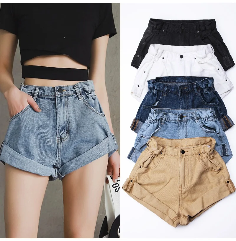 Streamgirl Denim Shorts Women's White Women Short Jeans Khaki Wide Leg Elastic Waist Vintage High Waist Shorts Women Summer swimming shorts