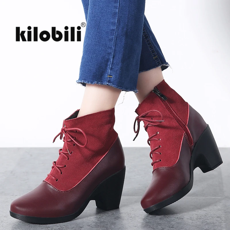Kilobili 2018, botines de invierno para zapatos genuino, botas cortas de cuña, botas de tacón alto, botas de moda rojas y negras para mujer|Botas hasta el tobillo| AliExpress