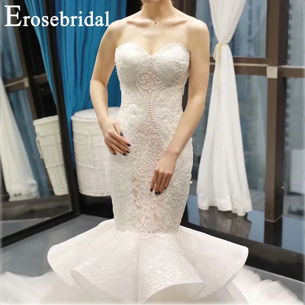 Erosebridal Новое поступление свадебное платье без Бретелек Кружевное свадебное платье со съемным шлейфом без рукавов платье невесты простое платье