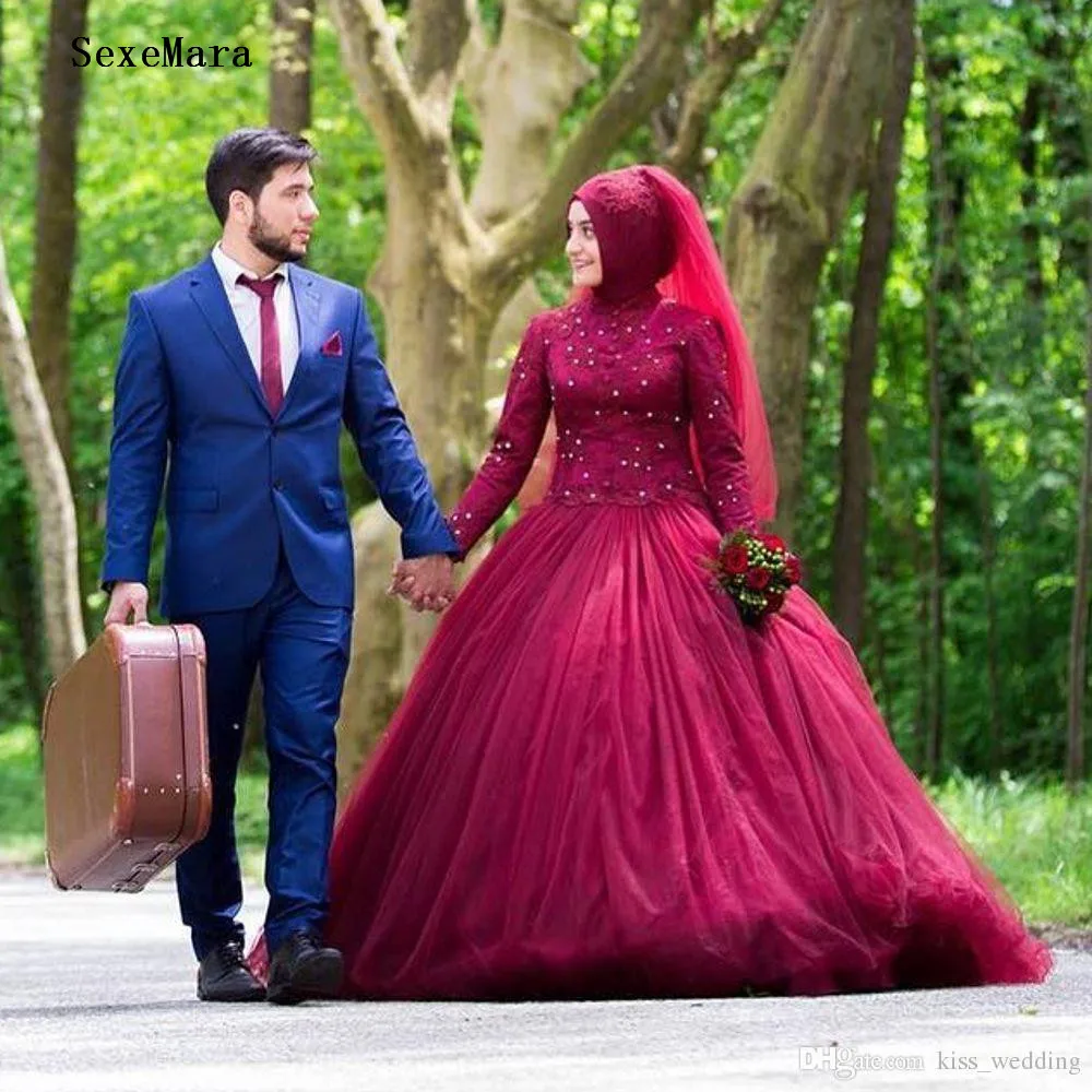 

Customized Islamic Long Sleeve Muslim Wedding Dress With Hijab Lace Wedding Gowns Bride Dresses Turkey High Neck