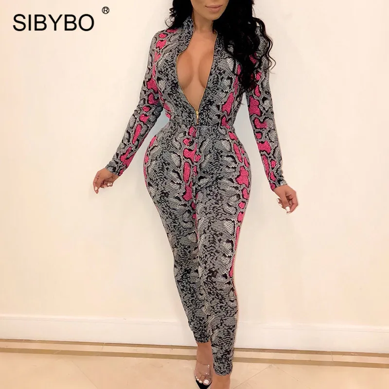

Sibybo Spring Snake Skin Print Sexy Jumpsuit Women Fashion Long Sleeve Zipper Skinny Romper Women Casual Ladies Jumpsuits 2019