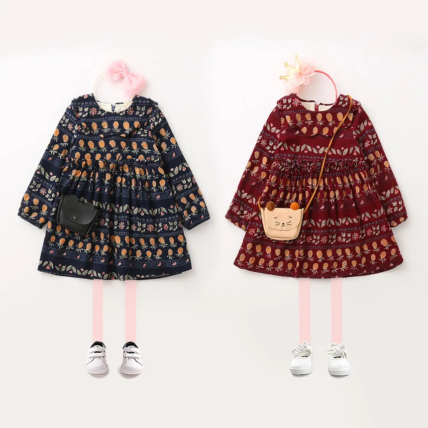 

Baby Girls Princess Flower Dresses Kids Boutiques Fruit Print Clothes Full Sleeve Children Pineapple Clothing Wholesale 5pcs/LOT