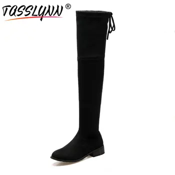 

TASSLYNN 2018 Women Boots Lace Up Round Toe Med Heels Over The Knee Boots Winter Boots Zipper Thick Heel Women Shoes Size 34-43