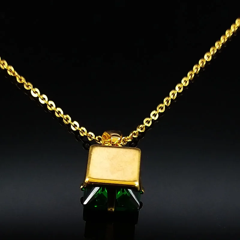 Модное с зеленым кристаллом цепочка из нержавеющей стали ожерелье s для женщин золотой цвет, геометрические формы ожерелье ювелирные изделия колье femme N18611