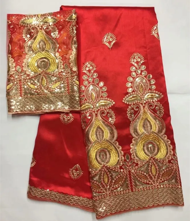 

Red color 5yards African george fabric + 2yards French net lace sets high quality gold embroidered for costume b6-2