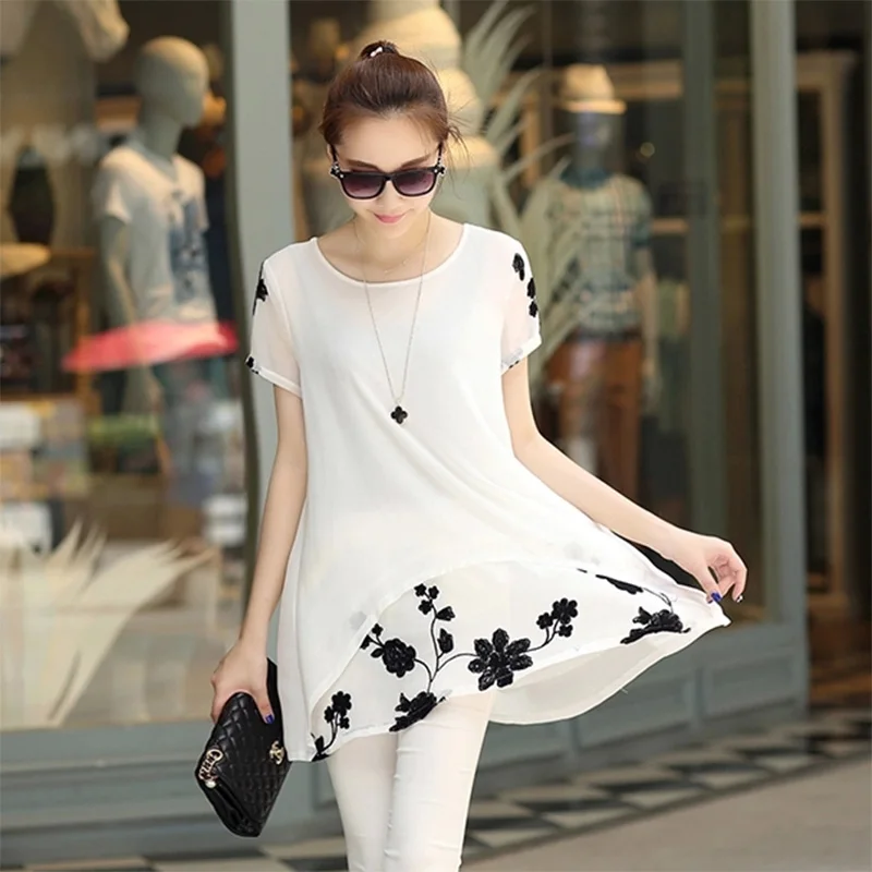 

Fashion Women Chiffon Blouse Clothing Short Sleeve Embroidery Flower Loose Blouses Shirt Tops Plus Size New