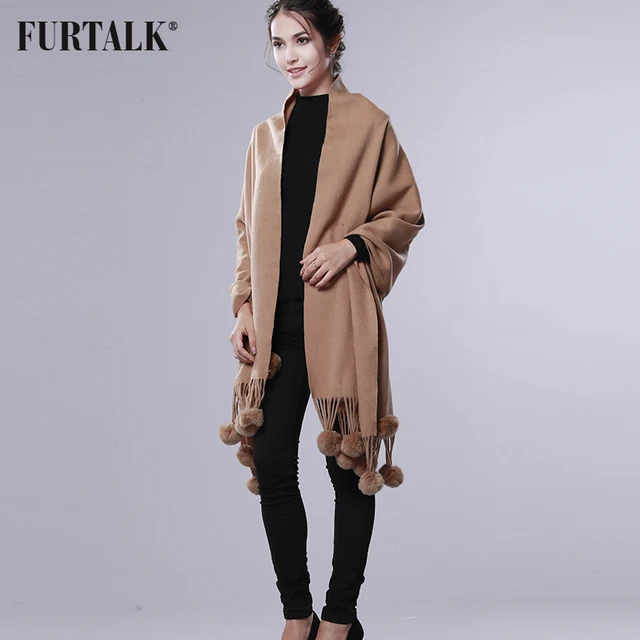 FURTALK Cashmere Wool Pashmina Cashmere Shawl Women Winter Long Warm Fur Scarf Rex Rabbit Fur Pom Pom Pashmina