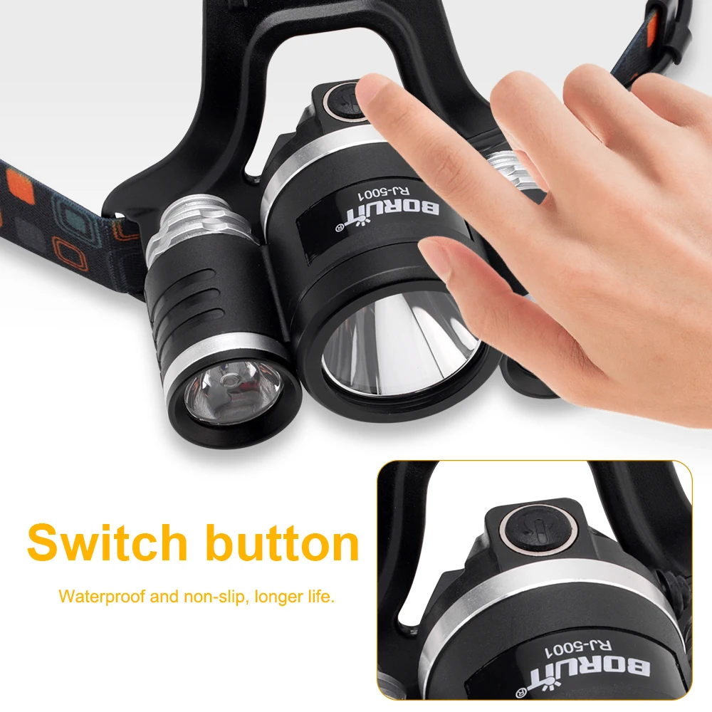 BORUiT XML L2 LED Headlamp Flashlight 4 Modes Lantern Rechargeable Headlight Portable Camping Hunting Head Torch Light 18650  (3)