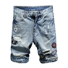 Летние новые мужские джинсовые шорты мужские тонкие шорты с пятью точками мужские модные шорты с вышивкой, стиранный Хлопок Деним шорты