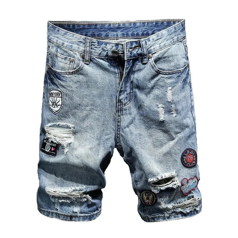 

2019 summer new men's denim shorts men's slim five points shorts men's fashion hole embroidery washed cotton denim shorts