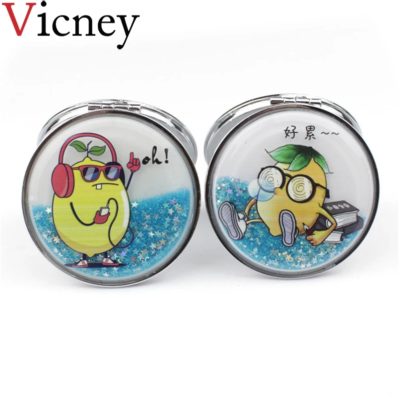 

Cartoon Mini Makeup mirror Portable Two-side Folding Pocket Mirrors With flowing sparkling sand mirror can wholesale Lettering