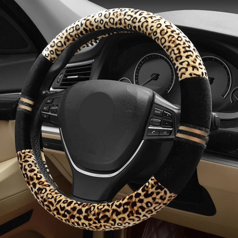 Winter Steering Wheel Cover Leopard Print Soft Plush Steering Wheel