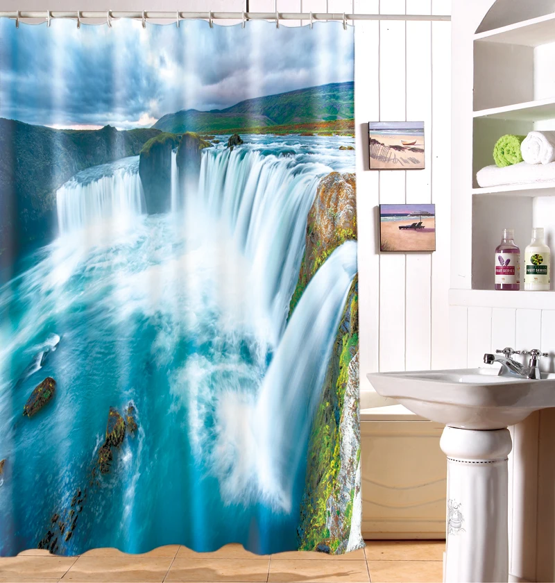 Blue waterfall 3D Photo Digital Printing Bath Waterproof Fabric Shower