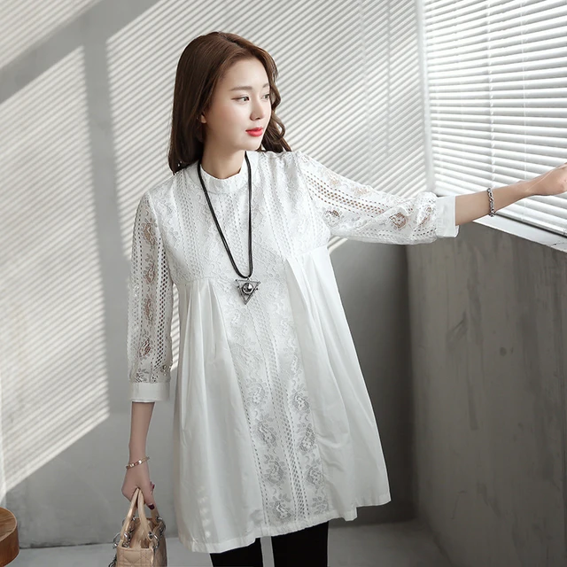 Plus Size White Long Tops for Pregnant Women 3 Quarter Sleeve Blouse ...