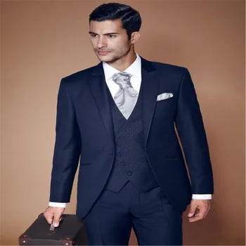 

New Custom Made Groom Tuxedo Navy bule Suit Peaked Lapel Best man Groomsman Men Wedding Suits Bridegroom(Jacket+Pants+vest+Tie)