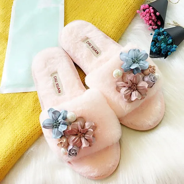 

fur slippers women anti-slip oxford fur flip flops flower decoration fur slides women winter home sandals