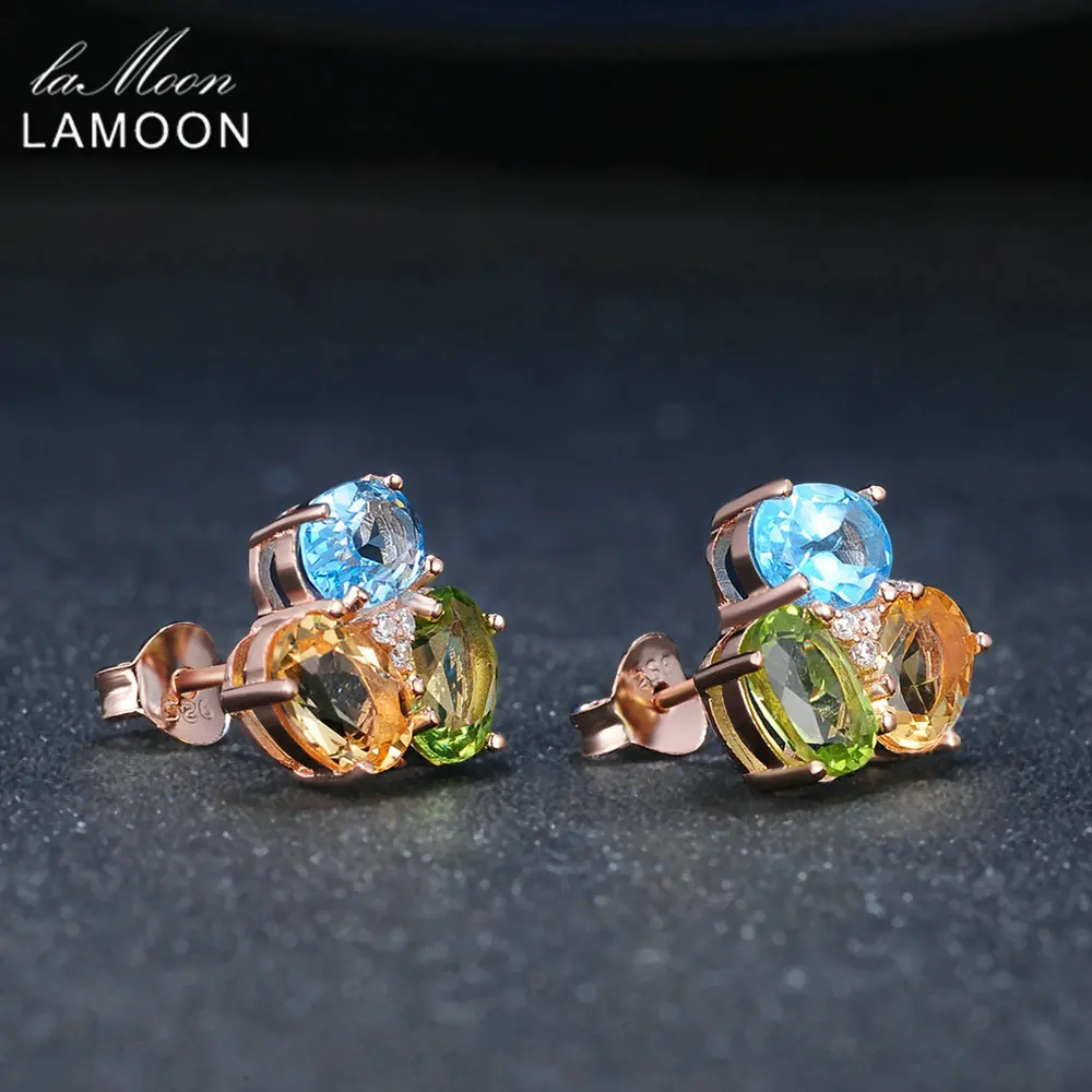 Серьги LAMOON 3 шт. карата Овальные желтые зеленые перидот голубой топаз серебряные