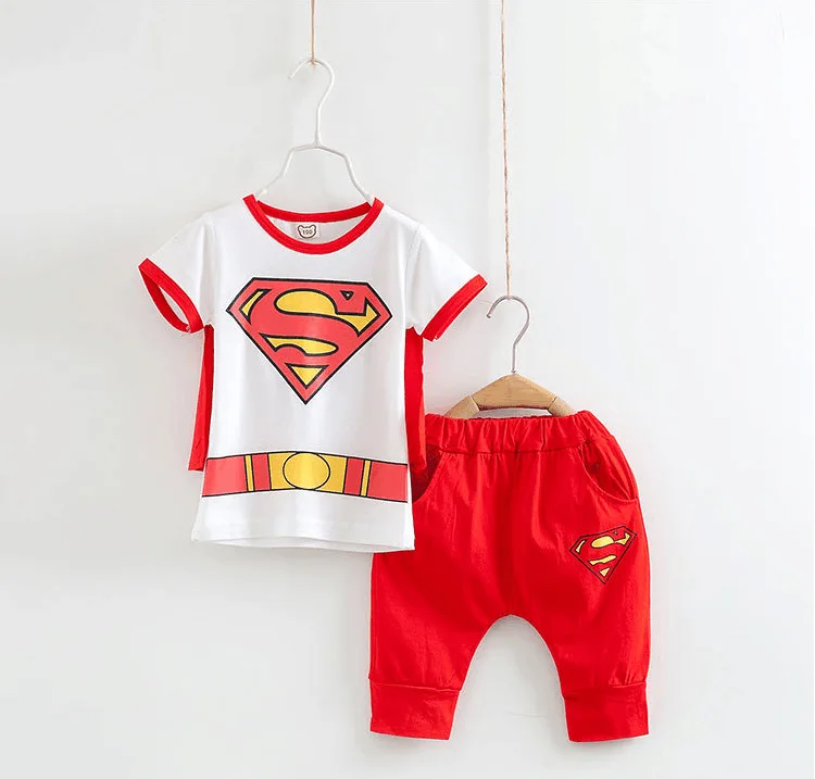 Розничная! Детский комплект одежды для 3-7 лет, летний костюм из чистого хлопка с рисунком Супермена и Человека-паука для маленьких мальчиков и девочек, короткие брюки с рукавами - Цвет: Синий