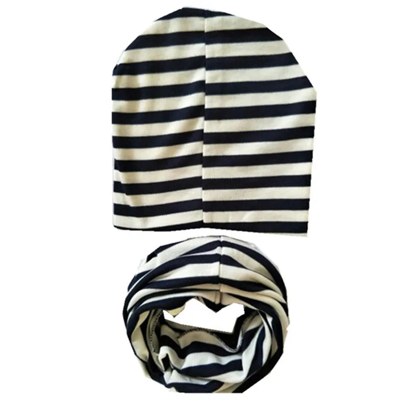 black stripe hat set Г. Весенний Детский комплект с шапкой, осенне-зимний шарф с воротником для мальчиков и девочек, теплый шейный платок, детские вязаные шапки, комплекты хлопковая детская шапка, шарф - Цвет: black stripe hat set