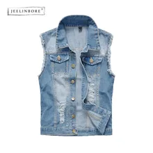 

JEELINBORE Mens Brand Clothing Plus 6 XL 2018 Men's Denim Vests Ripped Sleeveless Jeans Coat Male Waistcoats Tank Mens Jacket