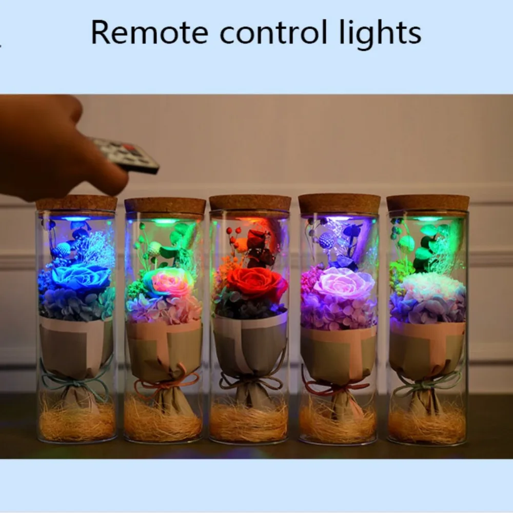

Chinese Valentine's Day Creative Gifts Glow Wish Bottle Colorful Rose Glass Cover Birthday Gift Eternal Life FLowers