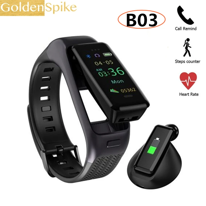 

B03 Smart Bracelet Band Men Women Bluetooth Earphone Call Music Player Heart Rate Pedometer Sleep Sports Record Smartwatch