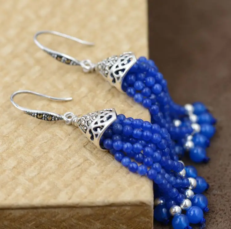 

Sterling Silver Earrings Sterling Silver Earrings Blue Chalcedony S925 inlaid antique style manual DIY women accessories
