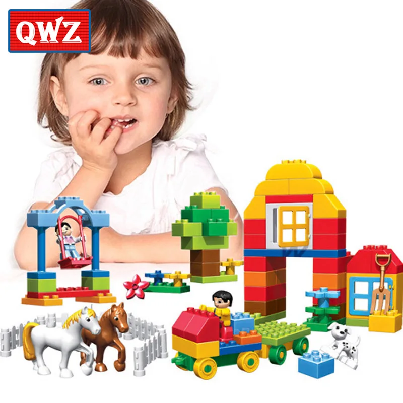 

QWZ 90pcs Happy Farm Animals Building Blocks Sets Large particles Animal Model Bricks Compatible with legoeINGly Duplo Baseplate