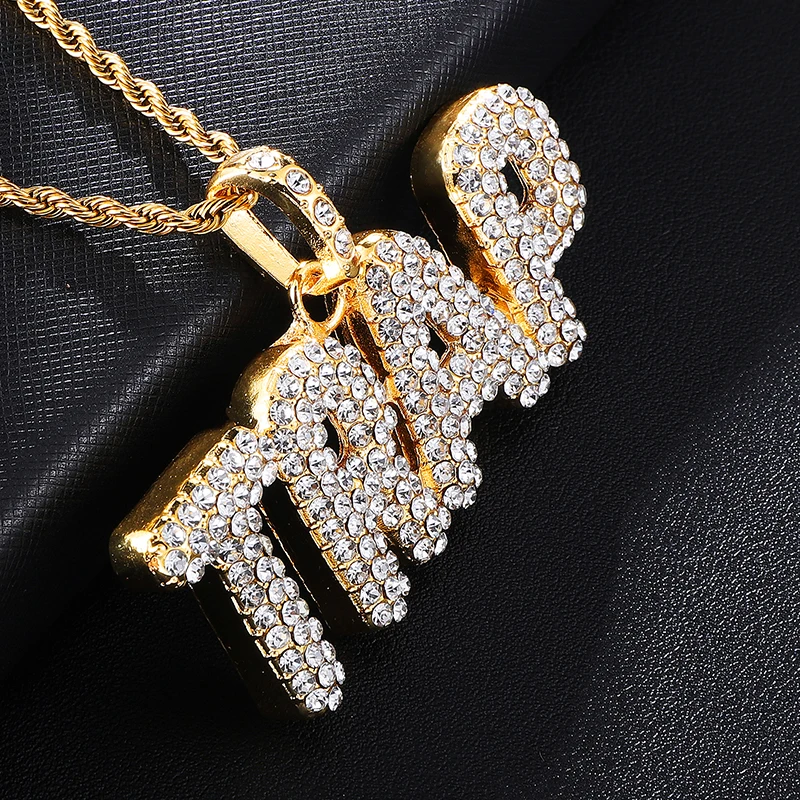 D&Z Men's Hip Hop Full Rhinestone TRAP Letters Pendant Necklace with Twisted Rope Chain Collier For Male